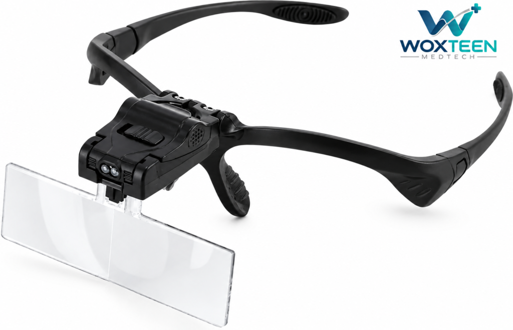 Woxteen LED magnifying glasses with black spectacle frame, front-mounted magnifying lens and dual LED lights for precision work.