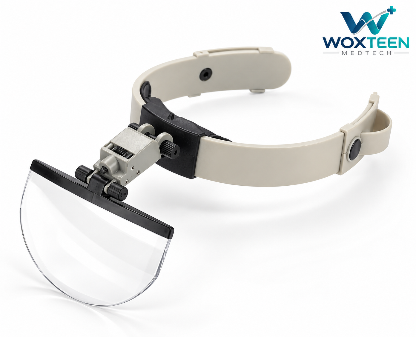 Woxteen Medtech adjustable headband magnifier visor with flip-up magnifying lens for hands-free close-up work.