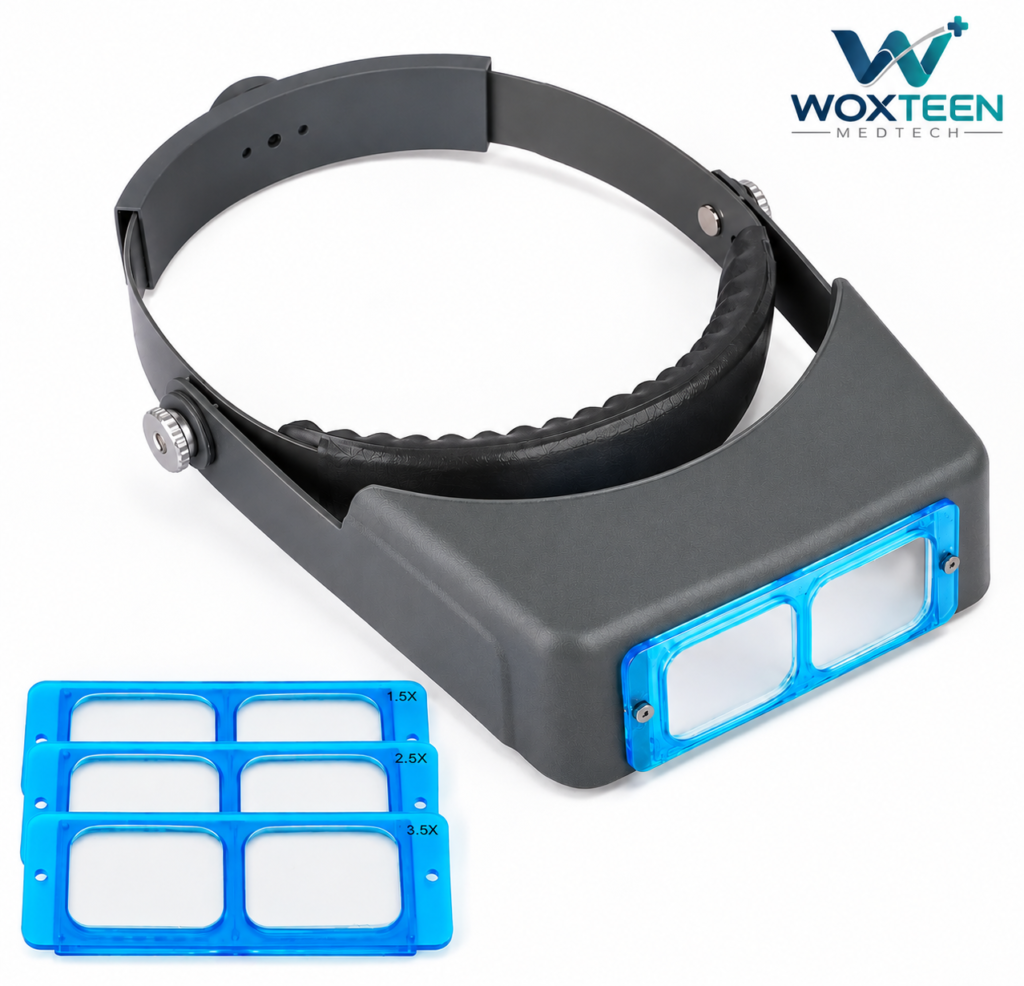 Woxteen Optivisor Headband Magnifier with adjustable headband and 1.5X, 2.5X, 3.5X interchangeable magnifying lenses for dermatology and precision work.