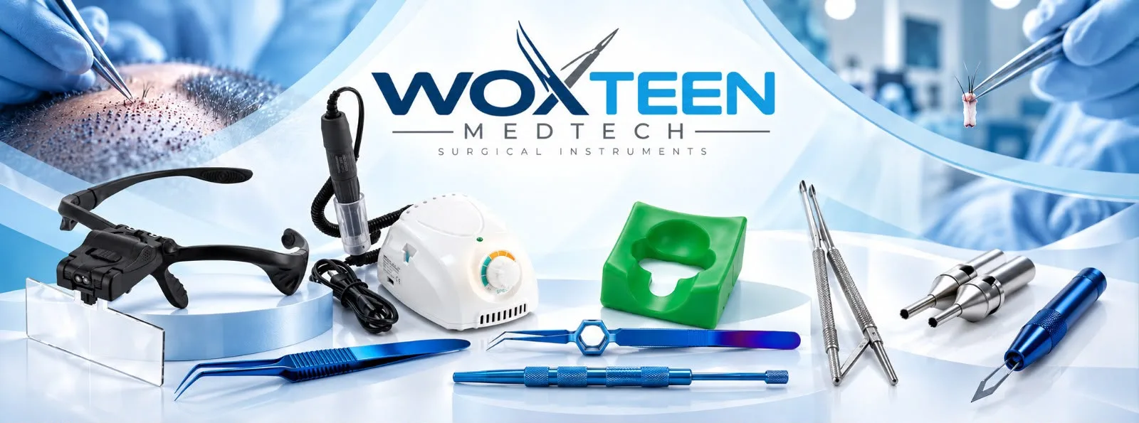 Woxteen Medtech banner showing hair transplant and surgical instruments